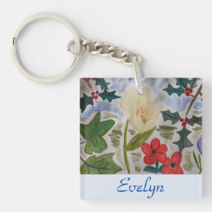 Winter Flowers & Holly Kerstmis Sleutelhanger