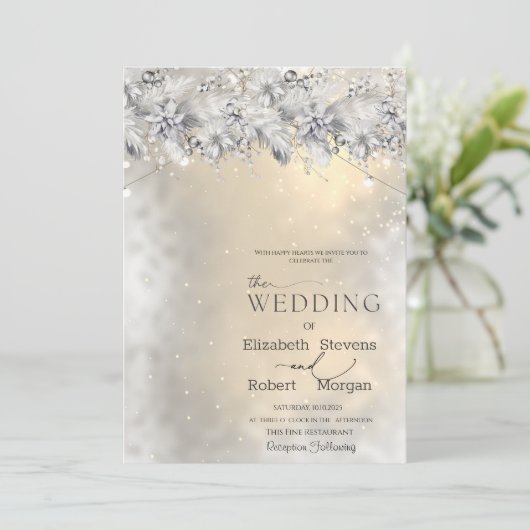 Winter Flowers String Lights Wedding  Invitation (Debout devant)