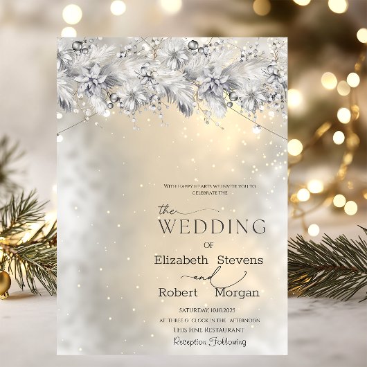 Winter Flowers String Lights Wedding  Invitation