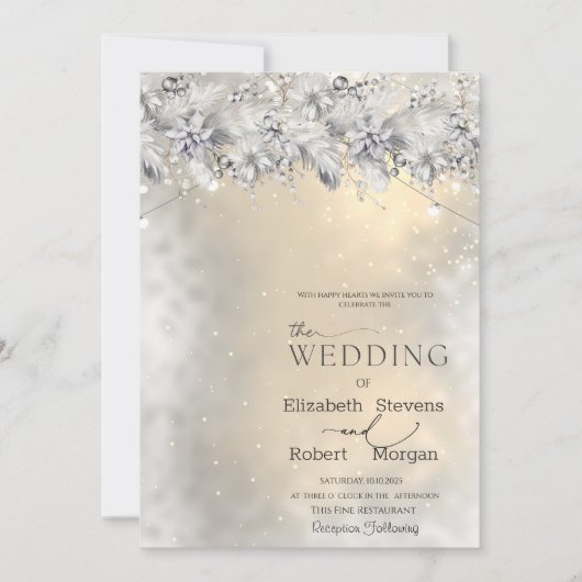 Winter Flowers String Lights Wedding  Invitation Kaart (Voorkant)