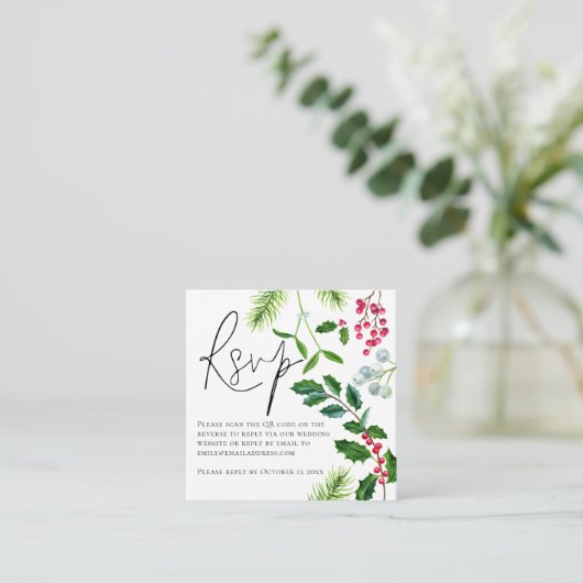 Winter Foliage QR Code Weddenschap RSVP Enclosure Informatiekaartje (Staand voorkant)