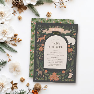 Winter Foliage Woodland Animals Navy Baby shower Kaart