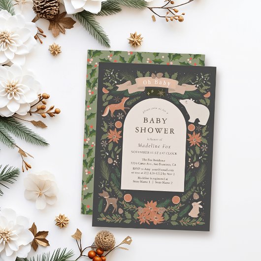 Winter Foliage Woodland Animals Navy Baby shower Kaart