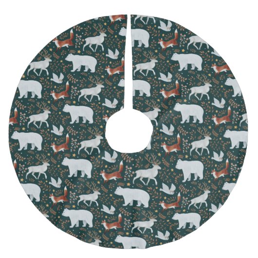 Winter forest animals Dark Green Tree Skirt Kerstboom Rok (Voorkant)