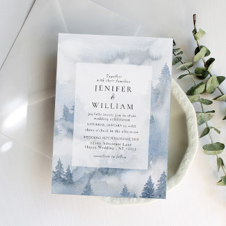 Winter Forest Dusty Blue Waterverf Wedding Kaart