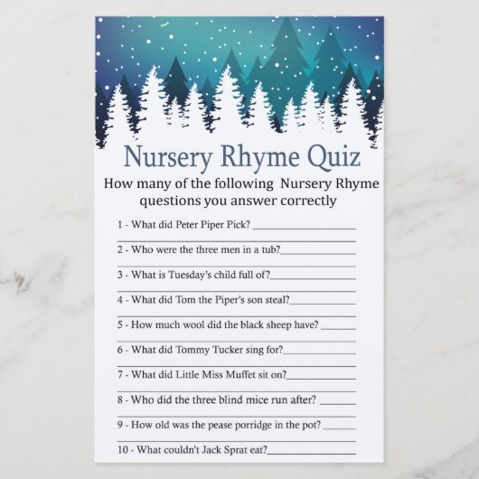 Winter Forest Nursery Rhyme Quiz baby shower game (Voorkant)