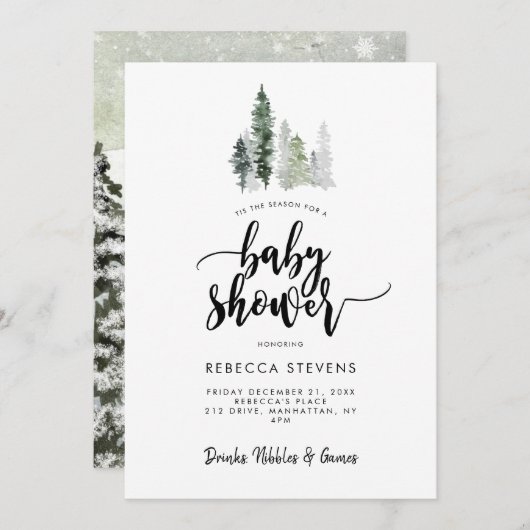 winter forest rustic baby shower invitation (Devant / Derrière)