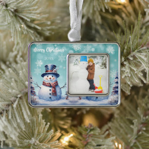 Winter Forest Snowman Foto   Blauwgroen Verzilverd Kader Ornament