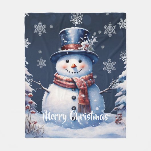 Winter Forest Snowman Kerstmis | Blauw Fleece Deken (Voorkant)