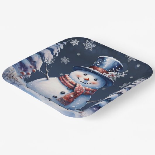 Winter Forest Snowman Kerstmis | Blauw Papieren Bordje (Gebogen)