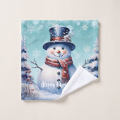 Winter Forest Snowman Kerstmis | Blauwgroen Bad Handdoek (Wasdoekje)
