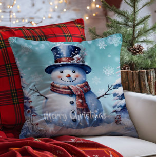 Winter Forest Snowman Kerstmis   Blauwgroen Kussen