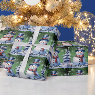 Winter Forest Snowman Kerstmis   Green Cadeaupapier
