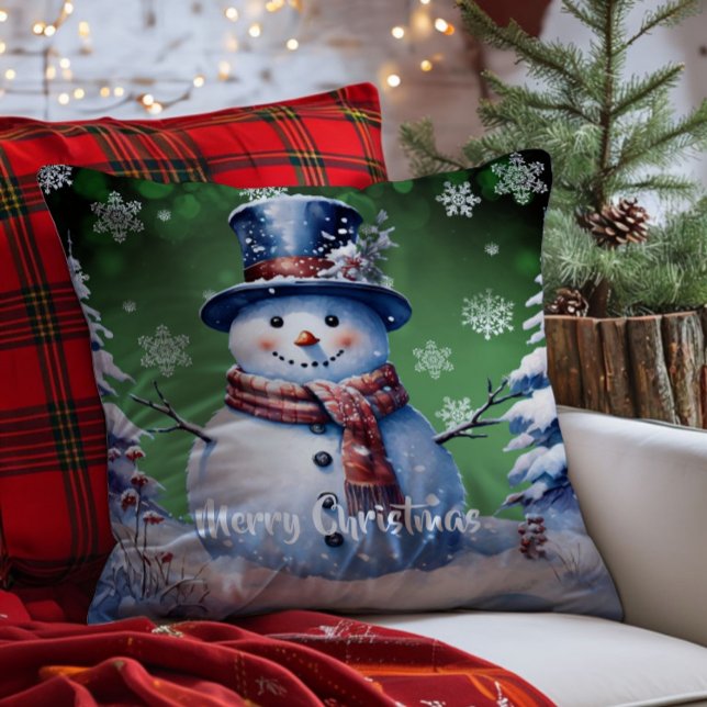 Winter Forest Snowman Kerstmis | Green Kussen (Green Winter Forest Snowman Christmas Throw Pillow)