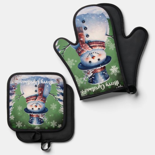 Winter Forest Snowman Kerstmis | Green Ovenwant & Pannenlap Set (Voorkant / Achterkant)