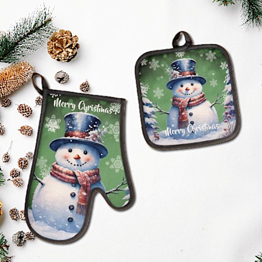 Winter Forest Snowman Kerstmis | Green Ovenwant & Pannenlap Set