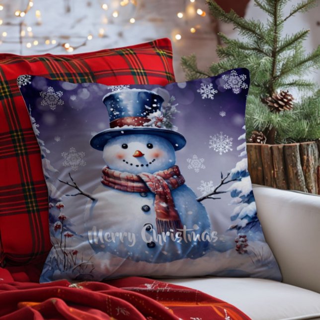 Winter Forest Snowman Kerstmis | Paars Kussen (Purple Winter Forest Snowman Christmas Throw Pillow)