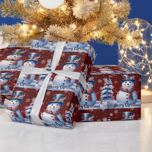Winter Forest Snowman Kerstmis Red Cadeaupapier
