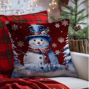 Winter Forest Snowman Kerstmis Red Kussen