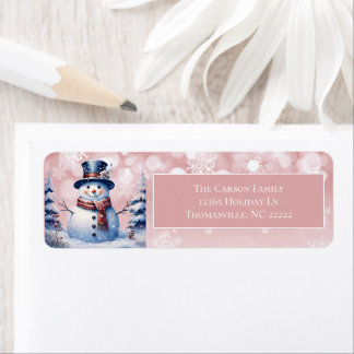 Winter Forest Snowman Kerstmis | Roze adres Etiket