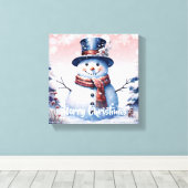 Winter Forest Snowman Kerstmis | Roze Canvas Afdruk (Insitu (Houten vloer))