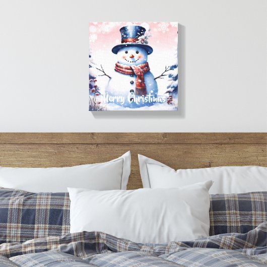 Winter Forest Snowman Kerstmis | Roze Canvas Afdruk (Insitu (Slaapkamer))