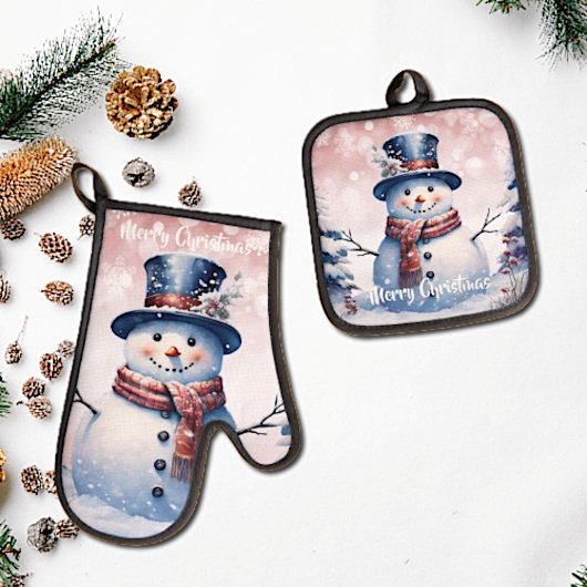 Winter Forest Snowman Kerstmis | Roze Ovenwant & Pannenlap Set