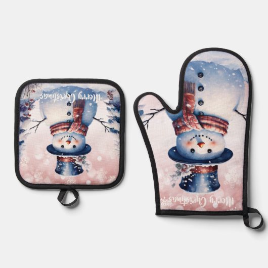 Winter Forest Snowman Kerstmis | Roze Ovenwant & Pannenlap Set (Voorkant)