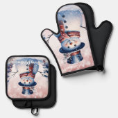 Winter Forest Snowman Kerstmis | Roze Ovenwant & Pannenlap Set (Voorkant / Achterkant)