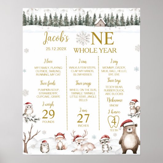 Winter Forest Woodland Animals 1st Year Milestone Poster (Voorkant)