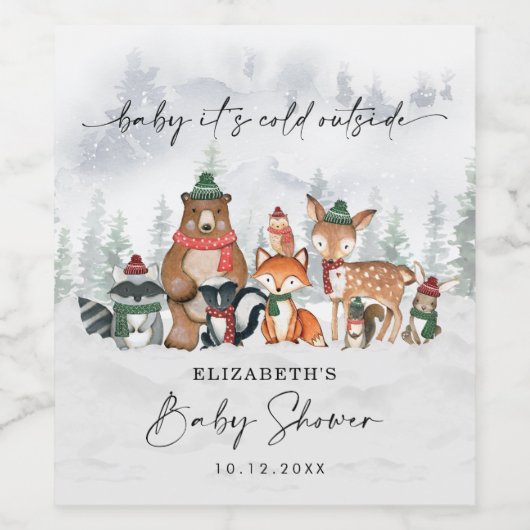 Winter Forest Woodland Animals Baby shower gunsten Wijn Etiket (Enkel label)