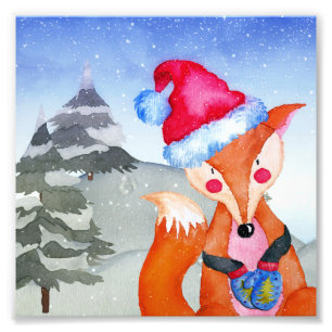 Winter Forest Woodland Friends Fox Illustratie Foto Afdruk