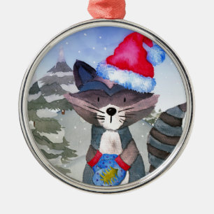 Winter Forest Woodland Friends Racoon Illustratie Metalen Ornament