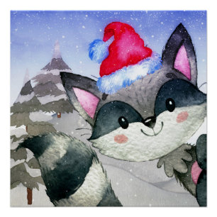 Winter Forest Woodland Friends Racoon Illustratie Perfect Poster
