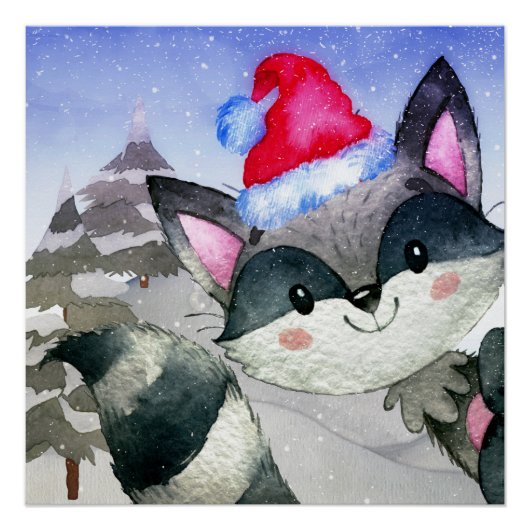 Winter Forest Woodland Friends Racoon Illustratie Perfect Poster (Voorkant)