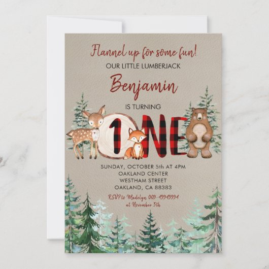 Winter Forest Woodland Red Pset First Birthday Kaart (Voorkant)