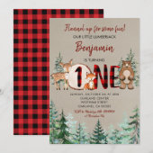 Winter Forest Woodland Red Pset First Birthday Kaart (Voorkant / Achterkant)
