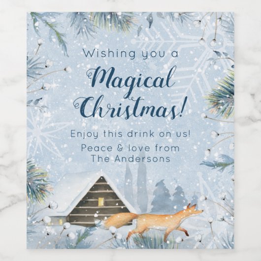 Winter Fox Cabin Sneeuw Gepersonaliseerde Kerstmis Wijn Etiket (Enkel label)