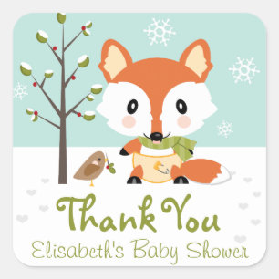 WINTER FOX IN DIAPERS BABY SHOWER DANK U VIERKANTE STICKER