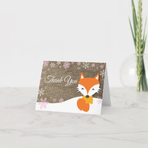 Winter Fox Snowflake Roze Burlap Dank u kaart