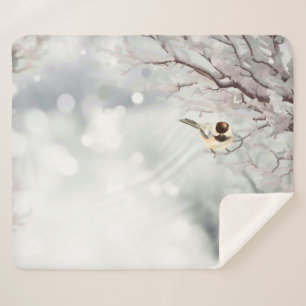 Winter Frosty Tree Chickadee Bird Blanket Sherpa Deken