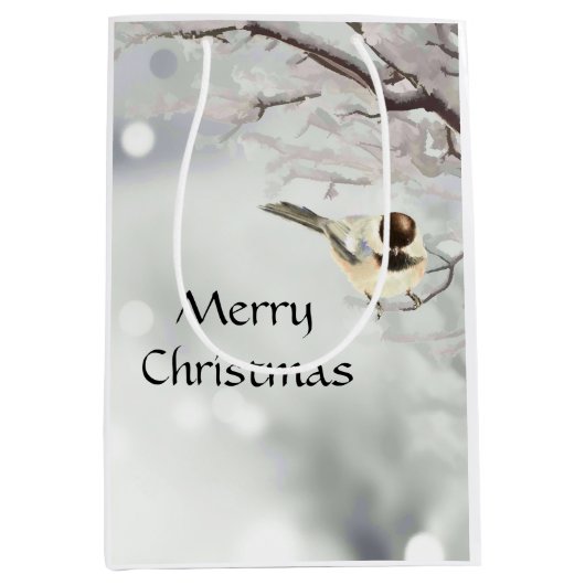 Winter Frosty Tree Chickadee Bird Kerstmis Medium Cadeauzakje (Voorkant)