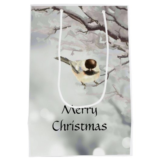 Winter Frosty Tree Chickadee Bird Kerstmis Medium Cadeauzakje (Achterkant)