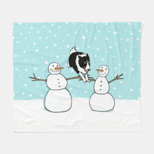 Winter Fun Border Collie Hond met Sneeuwmannen Vak Fleece Deken
