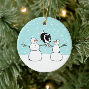 Winter Fun Holiday Border Collie Hond met Sneeuwma Keramisch Ornament