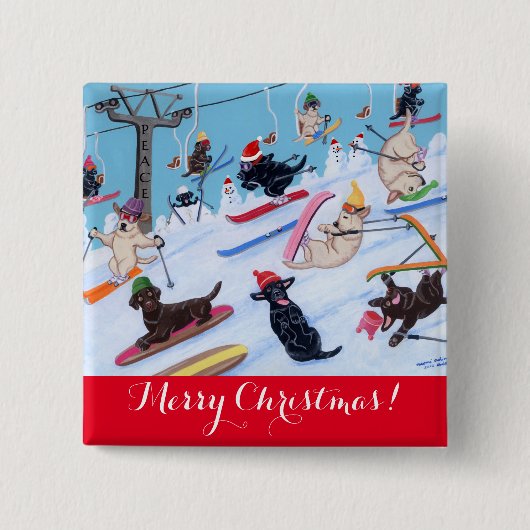 Winter Fun Kerstmis Skiing Labradors schilderen Vierkante Button 5,1 Cm (Voorkant)