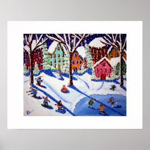 Winter Fun Kinder Folk Art Sled Snowboard Ice Scha Poster