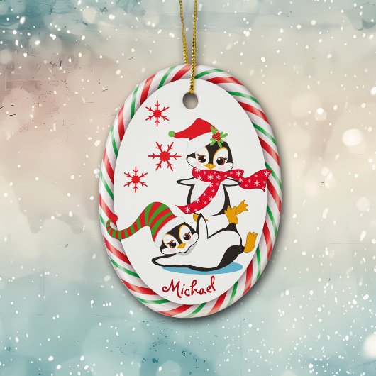 Winter Fun Penguins Candy Cane Lijst Keramisch Ornament