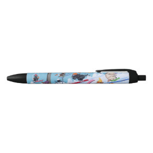 Winter Fun Skiing Labradors Painting Zwarte Inkt Pen