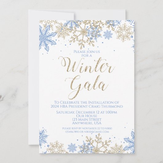 Winter Gala Blauw en Goud Uitnodigen Kaart (Voorkant)
